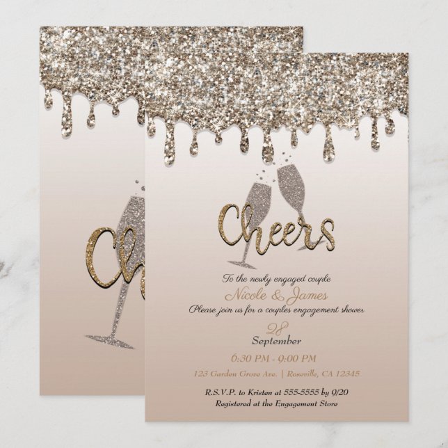 Champagne Gold Glitzer Tropfen Glam Verlobung Dusc Einladung (Vorne/Hinten)