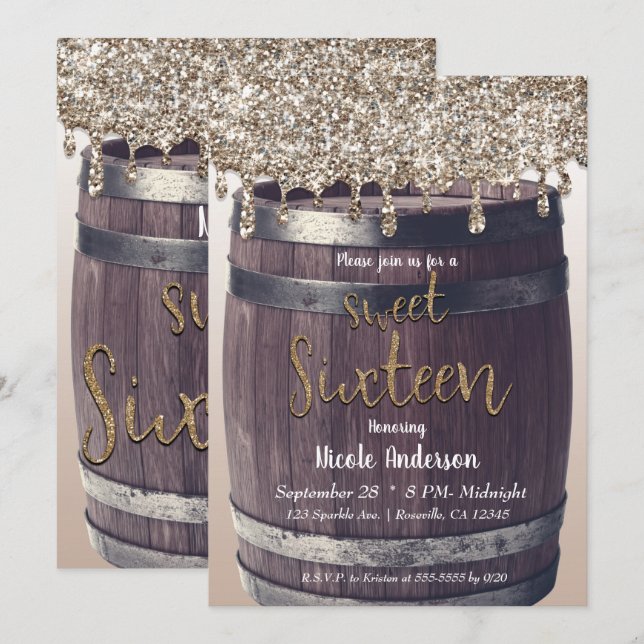 Champagne Gold Glitzer Tropfen Rustikales Sweet 16 Einladung (Vorne/Hinten)