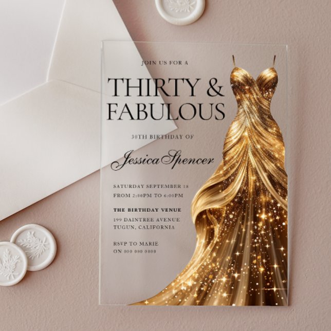 Champagne Gold Gown Fabulous 30. Geburtstag Acryleinladungen (Von Creator hochgeladen)