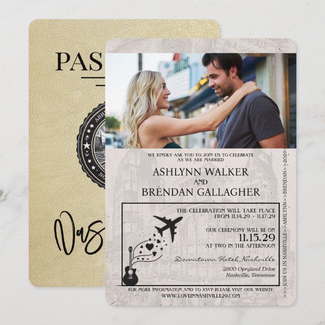 Champagne Gold Nashville Passport Wedding Einladung (Vorne/Hinten)