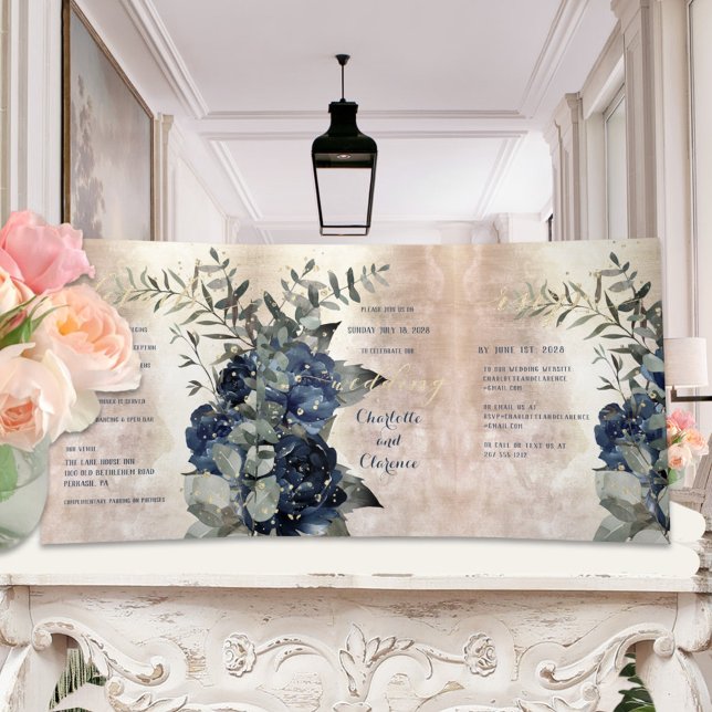 Champagne Gold Navy Blue Peony Eucalyptus Wedding Dreifach Gefaltete Einladung (Von Creator hochgeladen)