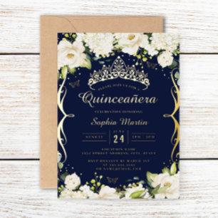 Champagne Gold Navy Floral Scroll Quinceanera Folieneinladung