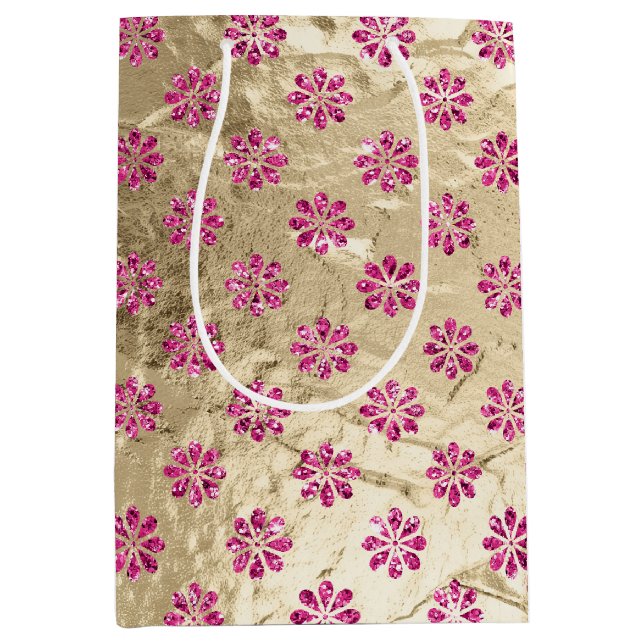 Champagne Gold Pink Glitzy Blume Mittlere Geschenktüte (Vorderseite)