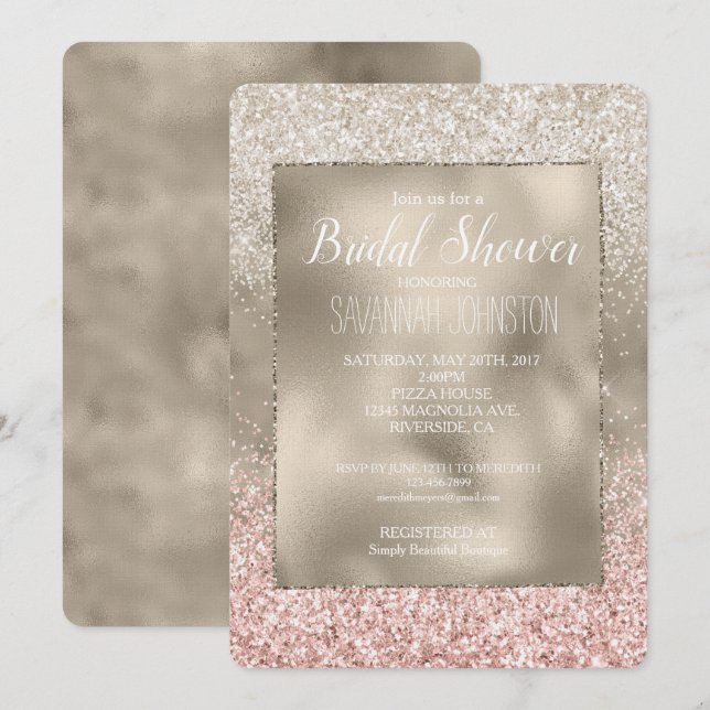 Champagne Gold Pink Weißer Glitzer Brautparty Einladung (Vorne/Hinten)