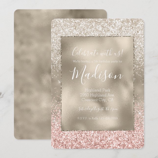 Champagne Gold Pink White Glitzy Glitzer Einladung (Vorne/Hinten)
