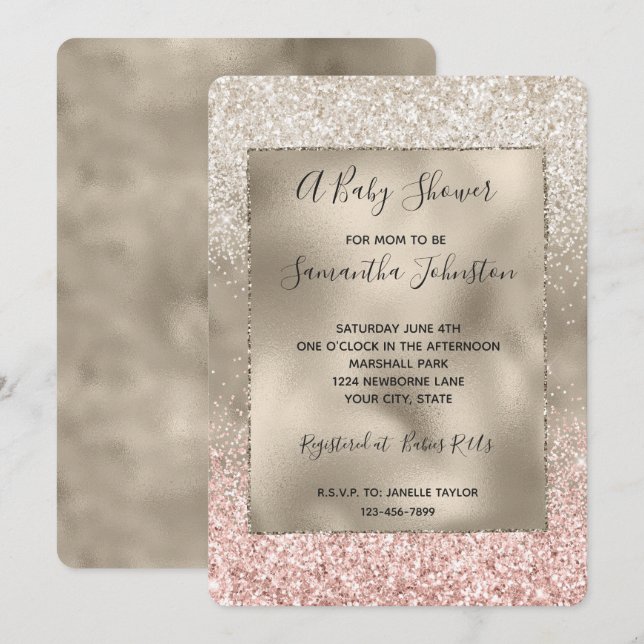 Champagne Gold Pink White Glitzy Glitzer Einladung (Vorne/Hinten)