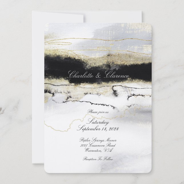 Champagne Gold Schwarz-weiß Watercolor Hochzeit Einladung (Vorderseite)