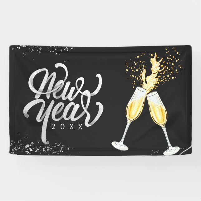 Champagne Gold Schwarzer Wein Glass Confetti Moder Banner (Horizontal)