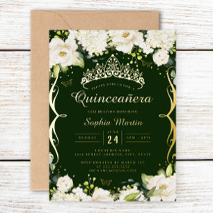 Champagne Gold Smaragd Blumenrolle Quinceanera  Folieneinladung