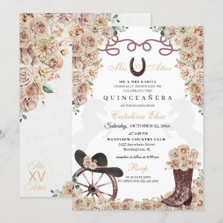 Champagne Gold Western Charro Boots Quinceanera Einladung