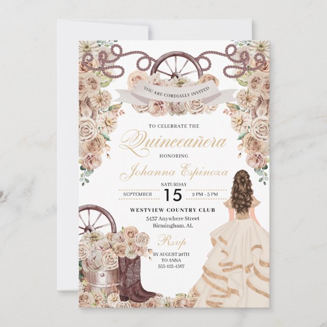 Champagne Gold Western Charro Quinceanera Einladung (Vorderseite)