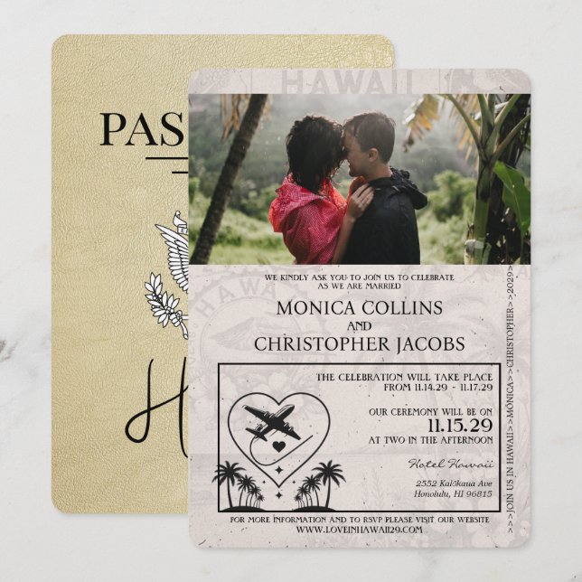 Champagne Hawaii Passport Wedding Einladung (Vorne/Hinten)