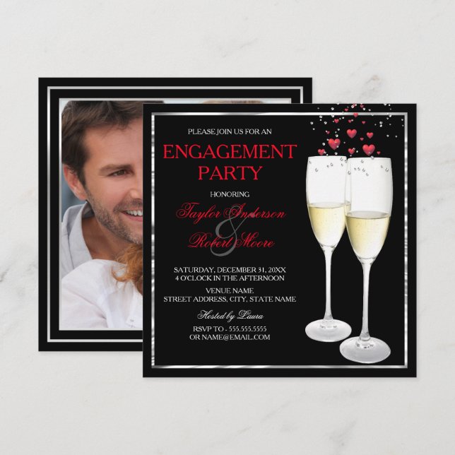 Champagne Heart Engagement Party Photo Invitation (Devant / Derrière)