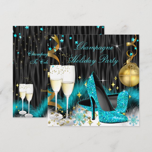 Champagne Holiday Party Aquamarin Blue High Heels Einladung (Vorne/Hinten)