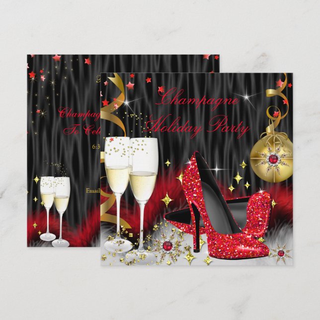 Champagne Holiday Party Rote High Heels Einladung (Vorne/Hinten)