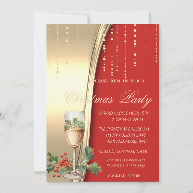 Champagne Holly Berry, Red, Gold Corporate Party Einladung (Vorderseite)