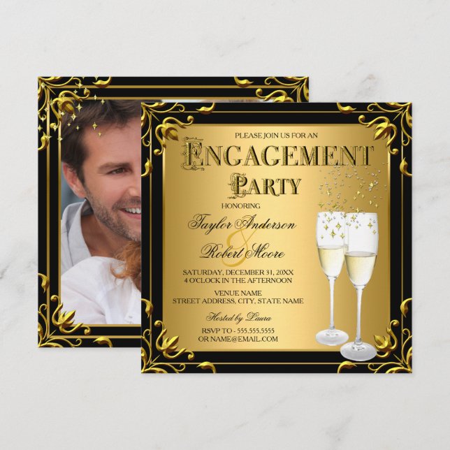 Champagne Imitate Gold Black Engagement Party Foto Einladung (Vorne/Hinten)