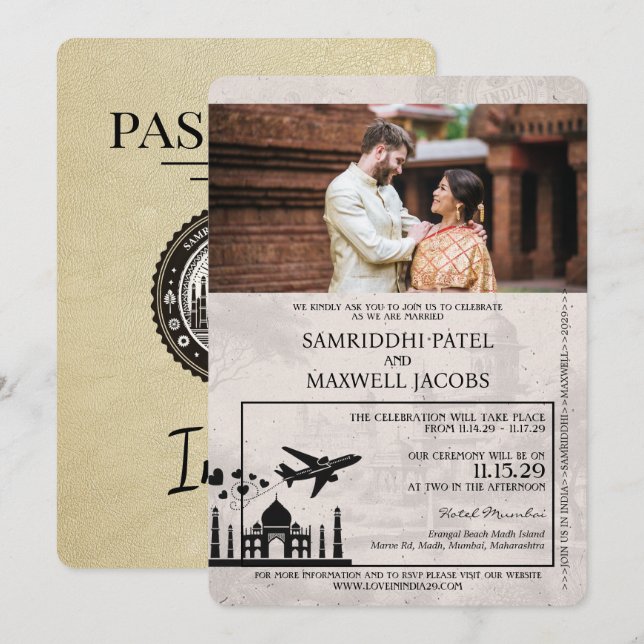 Champagne India Passport Wedding Einladung (Vorne/Hinten)