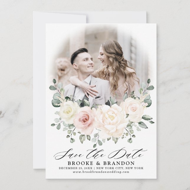 Champagne Ivory Blush Pink Blumengrün Foto Save The Date (Vorderseite)