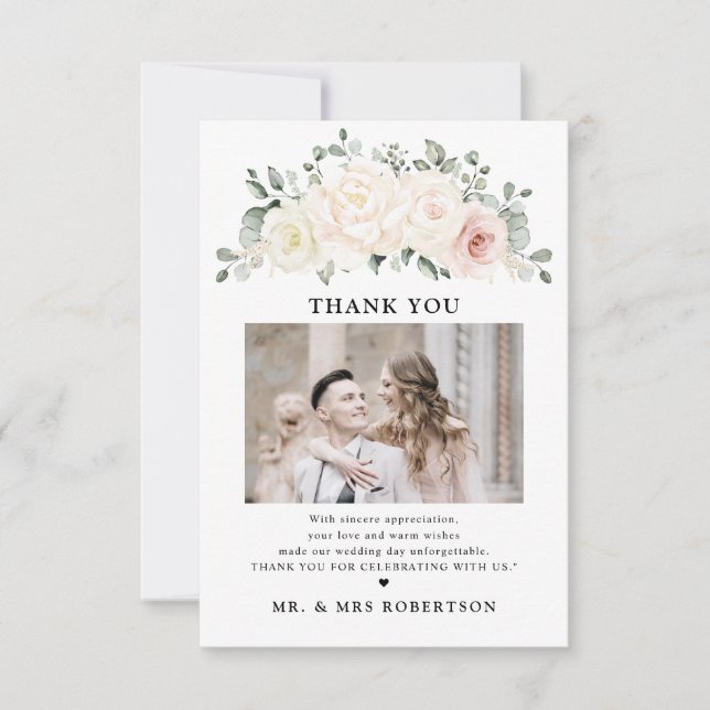 Champagne Ivory Blush Pink Blumengrün Hochzeit Dankeskarte (Vorderseite)
