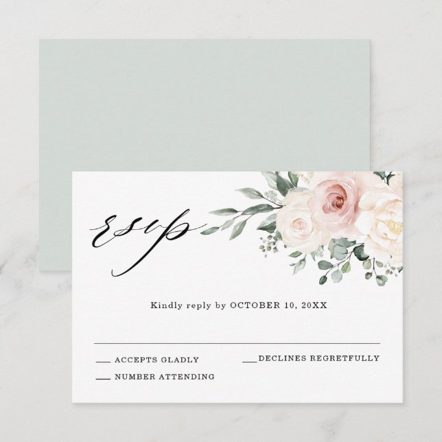 Champagne Ivory Blush Pink Blumengrün Hochzeit RSVP Karte (Vorne/Hinten)