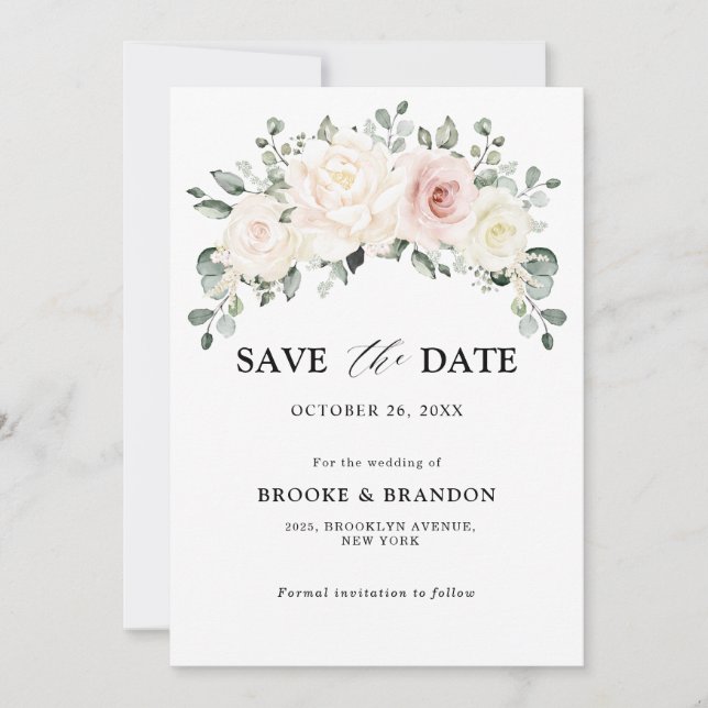 Champagne Ivory Blush Pink Blumengrün Hochzeit Save The Date (Vorderseite)