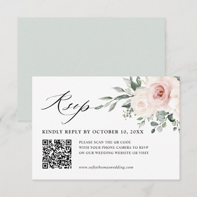 Champagne Ivory Blush Pink Floral Wedding QR Code RSVP Karte (Vorne/Hinten)