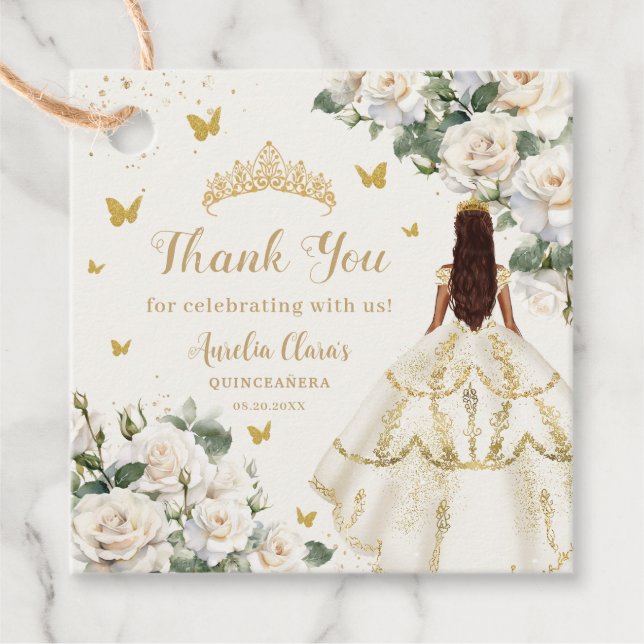 Champagne Ivory Floral Butterflies Quinceañera Geschenkanhänger (Vorderseite)