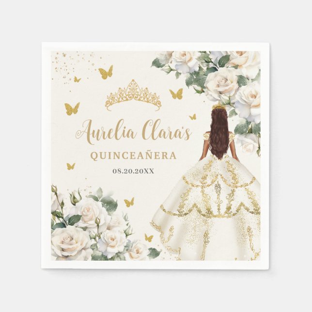 Champagne Ivory Floral Butterflies Quinceañera Serviette (Vorderseite)