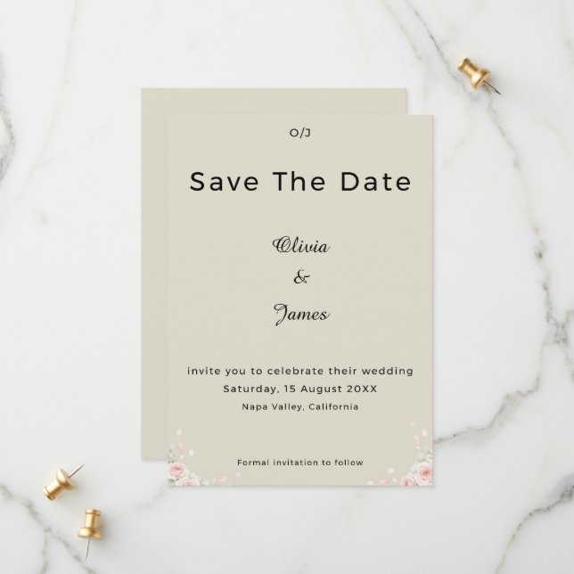Champagne Ivory Whispered Petals Minimalist Script Save The Date (Vorderseite/Rückseite Beispiel)