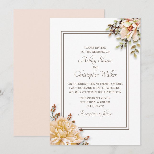 Champagne Ivory White Floral Wedding Einladung (Vorne/Hinten)
