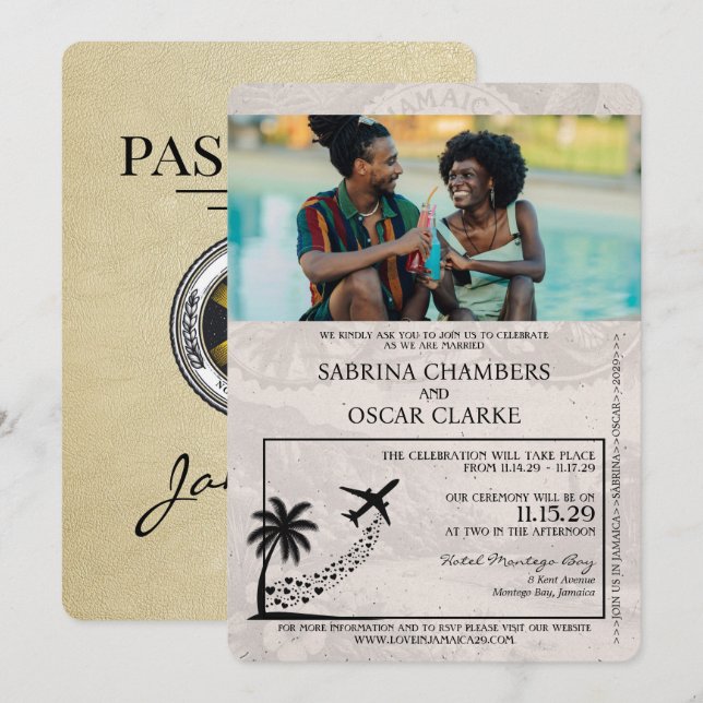 Champagne Jamaica Passport Wedding Einladung (Vorne/Hinten)