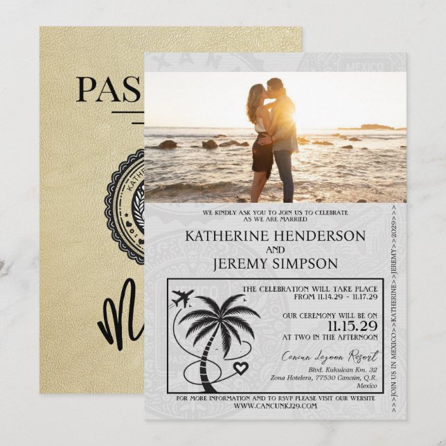 Champagne Mexico Passport Wedding Einladung (Vorne/Hinten)