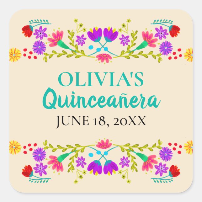 Champagne Mis Quince Anos Mexican Fiesta Blume Quadratischer Aufkleber (Vorderseite)