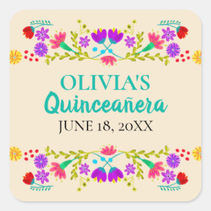 Champagne Mis Quince Anos mexikanische Fiesta Blum Quadratischer Aufkleber