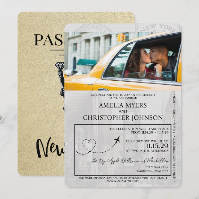 Champagne New York City Passport Wedding Einladung (Vorne/Hinten)