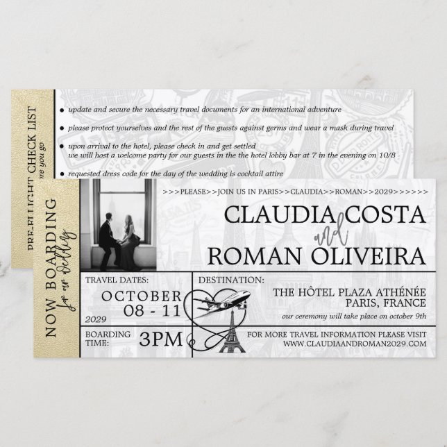 Champagne Paris Mariage Boarding Pass Invitation (Devant / Derrière)