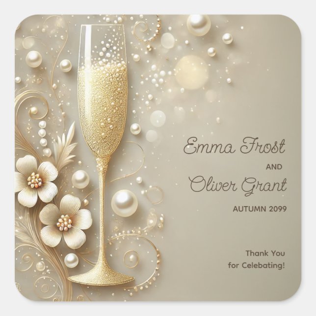 Champagne & Pearl Elegant Wedding Shower Quadratischer Aufkleber (Vorderseite)