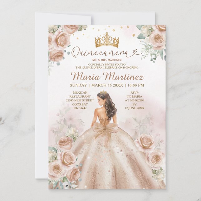 Champagne Princess Floral Gold Glitzer Quinceañera Einladung (Vorderseite)