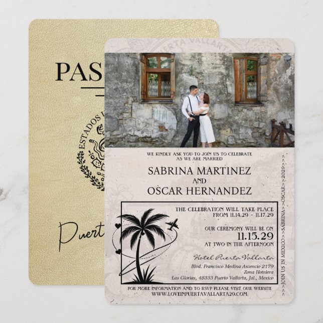 Champagne Puerta Vallarta Passport Wedding Einladung (Vorne/Hinten)