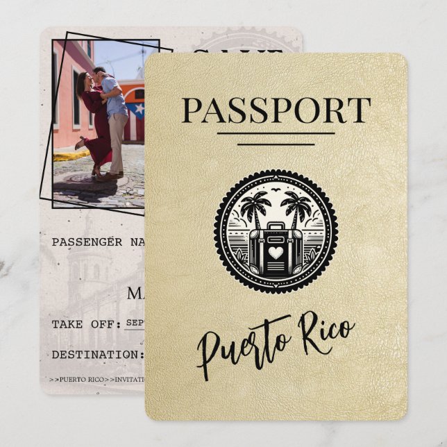 Champagne Puerto Rico Passport Save The Date (Vorne/Hinten)