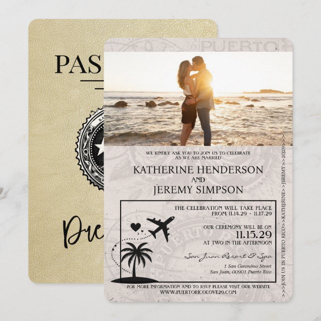 Champagne Puerto Rico Passport Wedding Einladung (Vorne/Hinten)