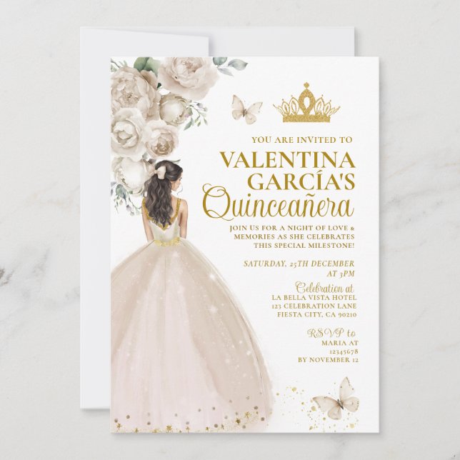 Champagne Quinceañera 15 Anos Blume Goldkrone Einladung (Vorderseite)