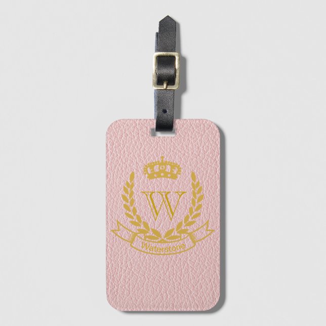 Champagne-Rosa-Spott-Leder mit Monogramm-Wappen Gepäckanhänger (Vorderseite Vertikal)