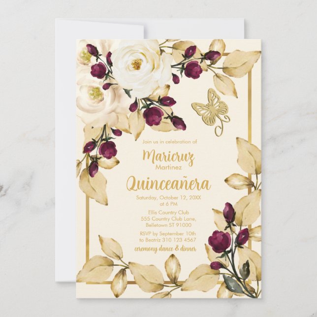 Champagne Rose Burgundy Buds Gold Blätter Butterfl Einladung (Vorderseite)