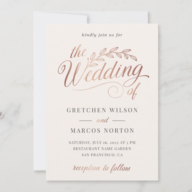 Champagne Rose Gold Ivory Calligrafy Wedding Einladung (Vorderseite)