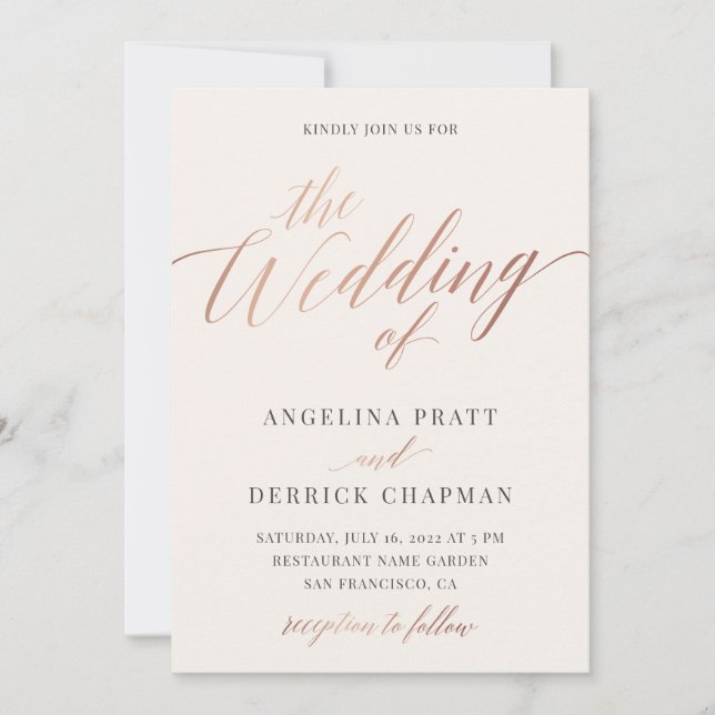 Champagne Rose Gold Ivory Calligraphy Wedding Invi Einladung (Vorderseite)