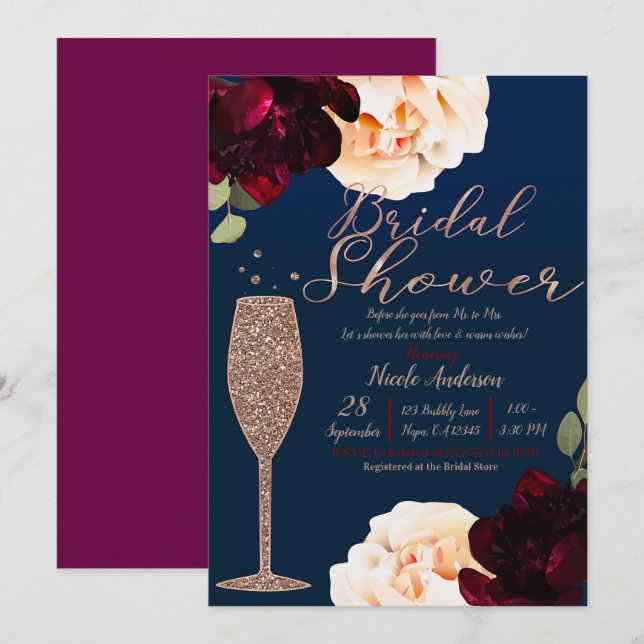 Champagne Rose Gold Navy Blue Floral Brautparty Einladung (Vorne/Hinten)