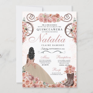Champagne Rose Ranchero Princess Dress Quinceanera Einladung