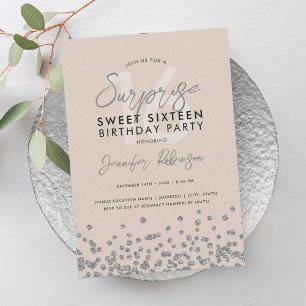 Champagne Silver Glitzer Überraschung Sweet 16 Einladung